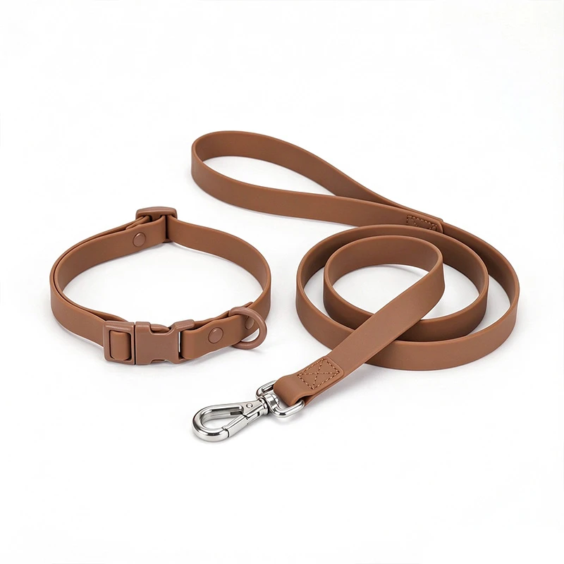 Custom dog collars and leashes with coordinated hardware and coated webbing Custom dog collars and leashes with coordinated hardware and coated webbing