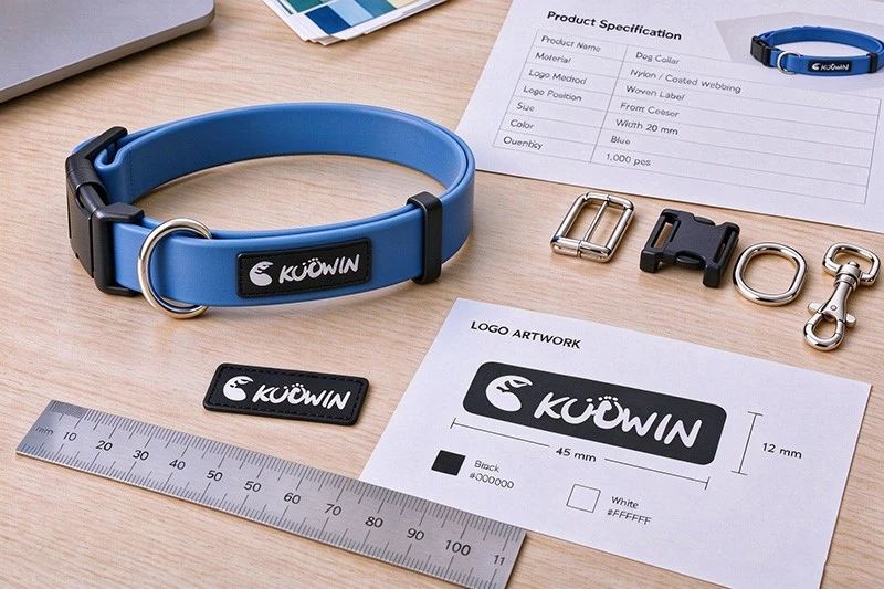 Blue PVC-coated webbing dog collar with logo sample and product specification sheet Blue PVC-coated webbing dog collar with logo sample and product specification sheet