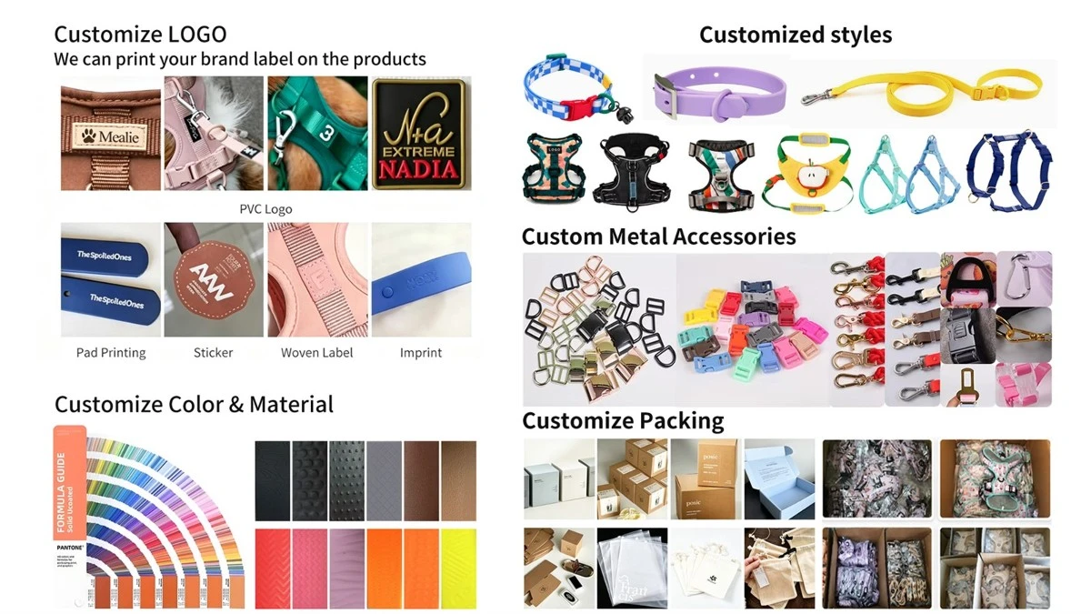Custom pet products with logo branding, PVC-coated webbing colors, hardware accessories, and packaging options Custom pet products with logo branding, PVC-coated webbing colors, hardware accessories, and packaging options