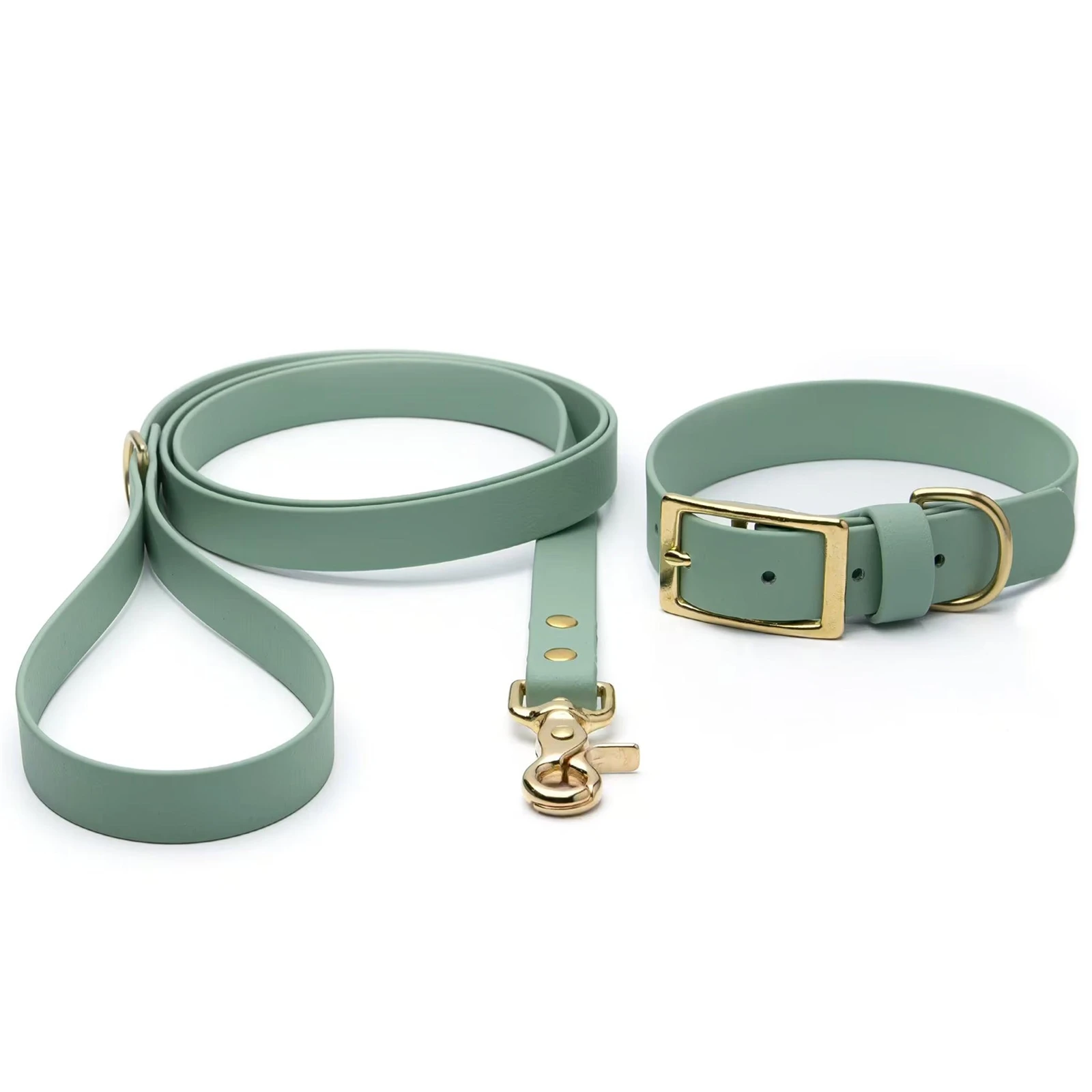 Metal swivel hook attached to PVC-coated webbing dog leash collar with stitching Metal swivel hook attached to PVC-coated webbing dog leash collar with stitching