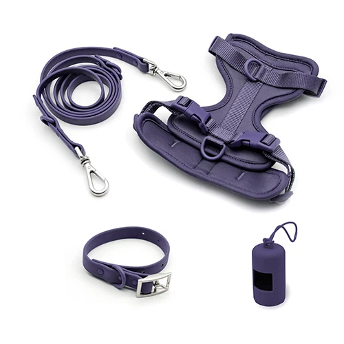 Matching dog collar and harness set with consistent color and finish Matching dog collar and harness set with consistent color and finish