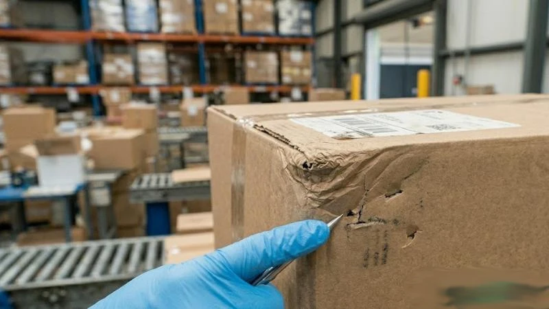 Damaged shipping carton documented during wholesale goods receiving Damaged shipping carton documented during wholesale goods receiving