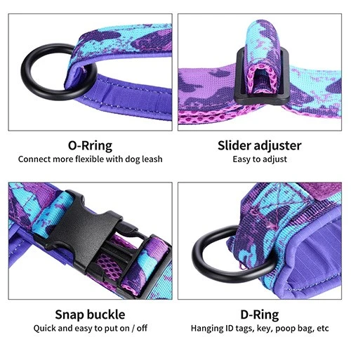 Adjustable dog harness straps and buckle positions for custom sizing Adjustable dog harness straps and buckle positions for custom sizing