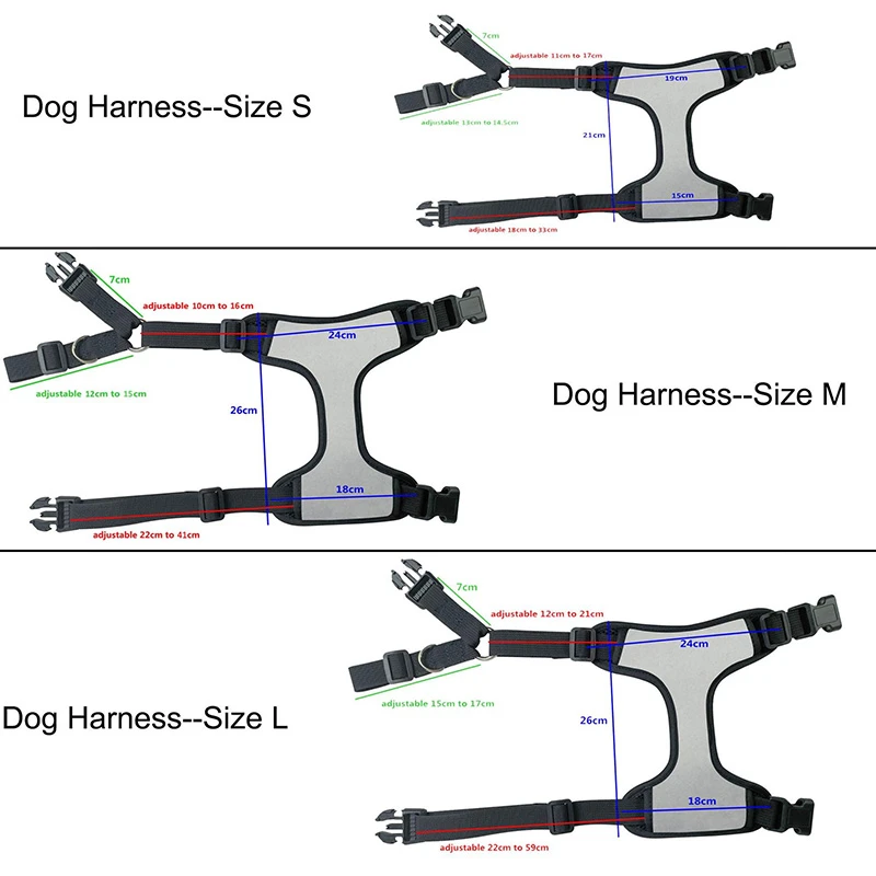 Different sizes of adjustable dog harnesses arranged for wholesale size comparison Different sizes of adjustable dog harnesses arranged for wholesale size comparison