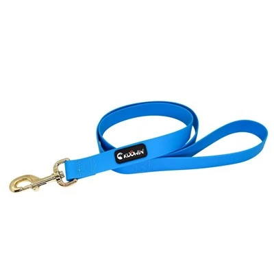 Blue coated dog leash with a black logo patch and gold-tone swivel hook Blue coated dog leash with a black logo patch and gold-tone swivel hook